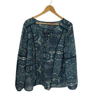 Long Tall Sally Navy Blue Pattern Sheer Tunic Bohemian Top Size 12 LTS